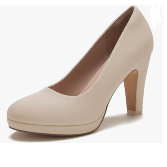 miss left Nude Low Platform Chunky High Heel Slip On Round Toe Pump Dressy Shoes - Picture 1 of 8